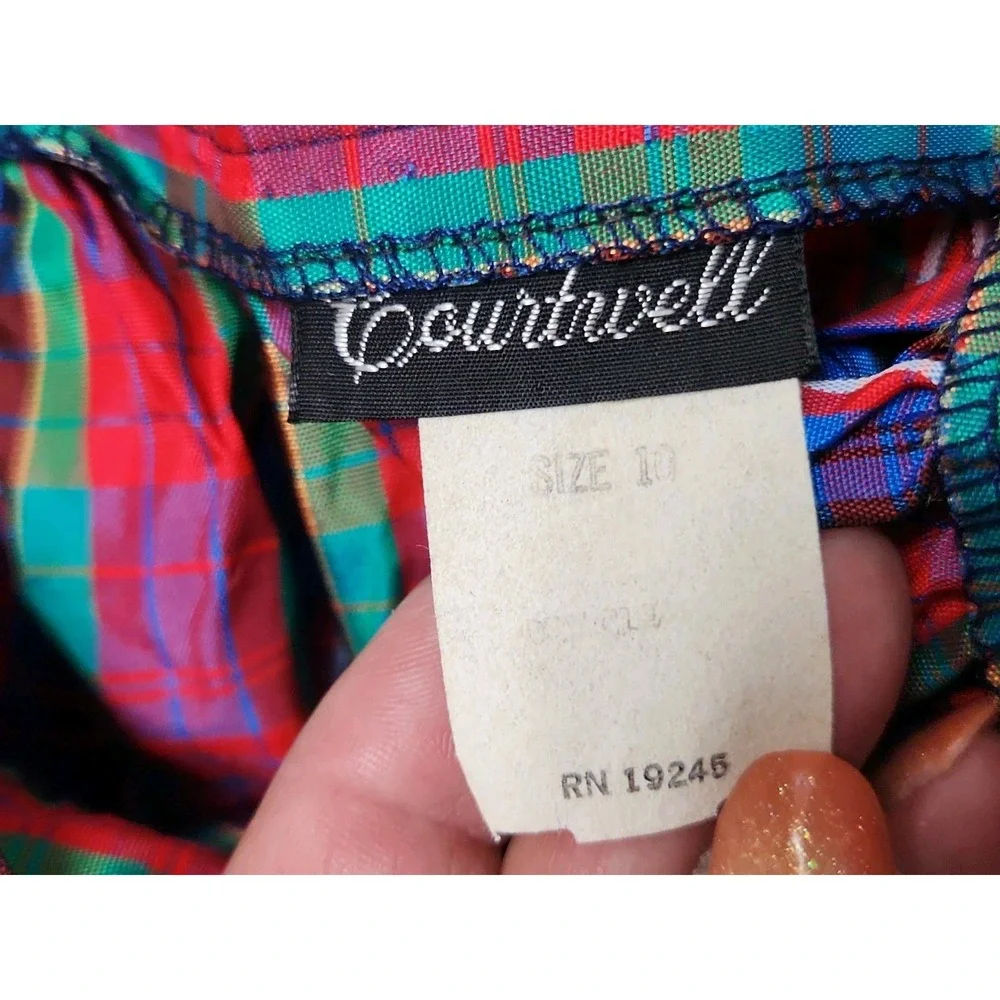 Vintage Courtwell 10 Womens Red Tartan Plaid A-Line Skirt Taffeta Belt 26x40